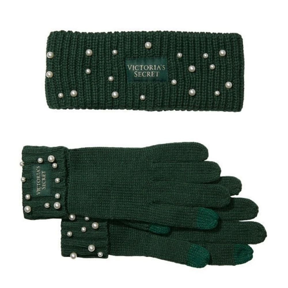 VS Green White Faux Pearl Knit Headband Ear Warmer & Gloves Gift set